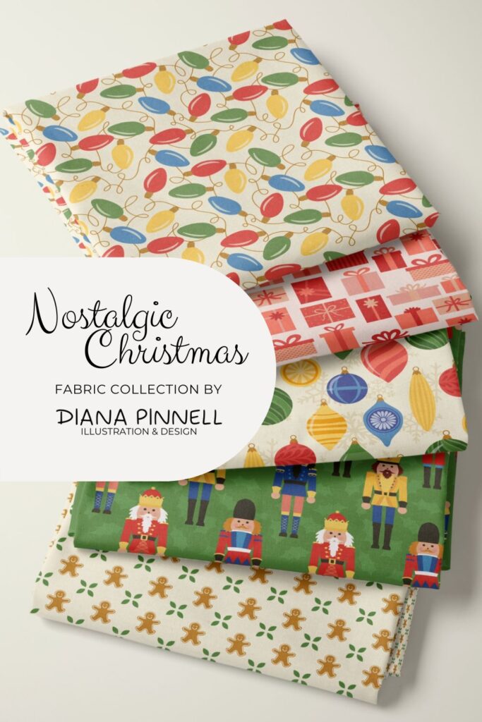 5 folded squares of christmas fabric. Patterns include christmas lights, ink presents, christmas tree ornaments, nutcracker and gingerbread cookies