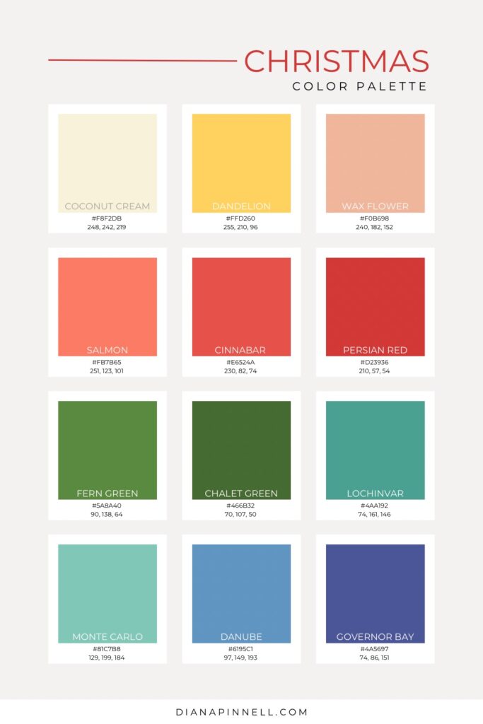 Christmas Color Palette with color names, hex code and RBG number