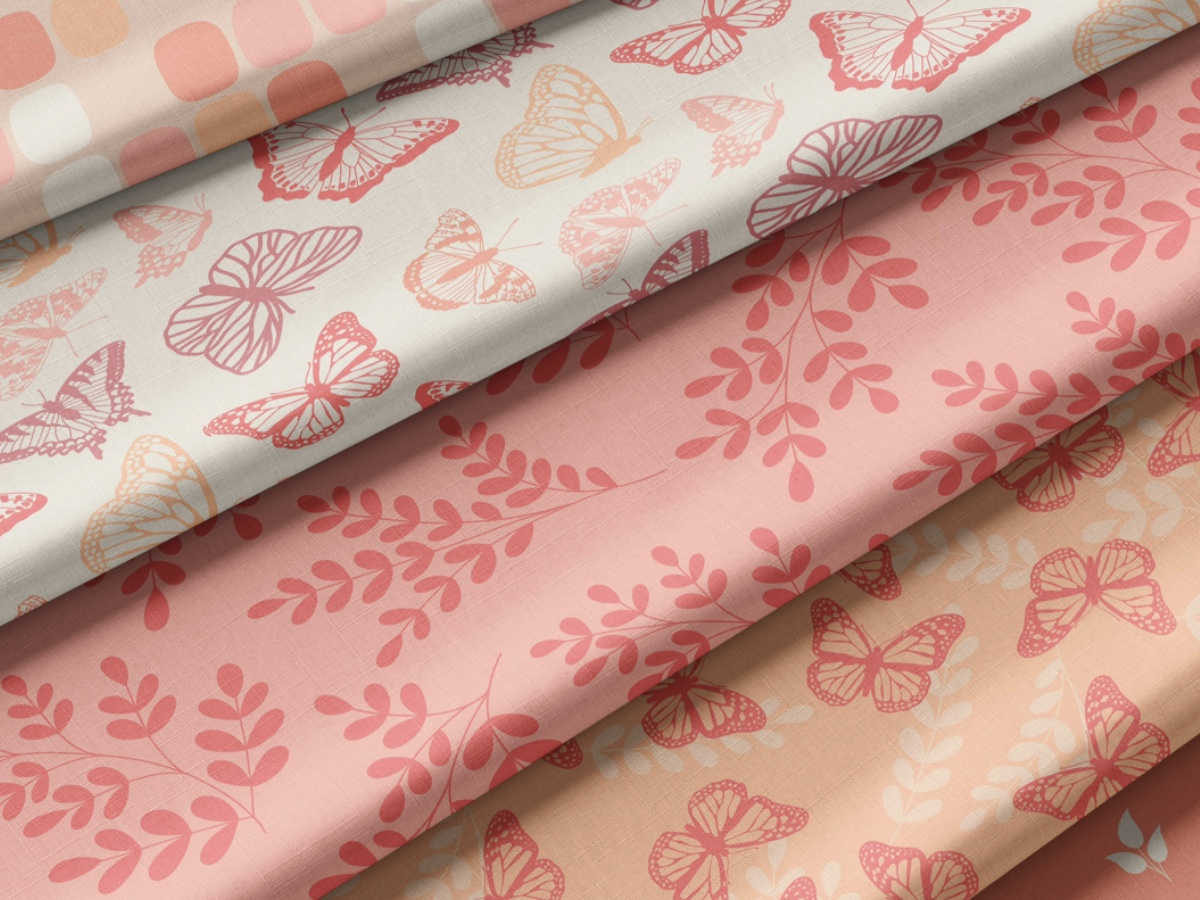 Closeup images of five fabrics designed using the Pantone Color of the Year, Peach Fuzz