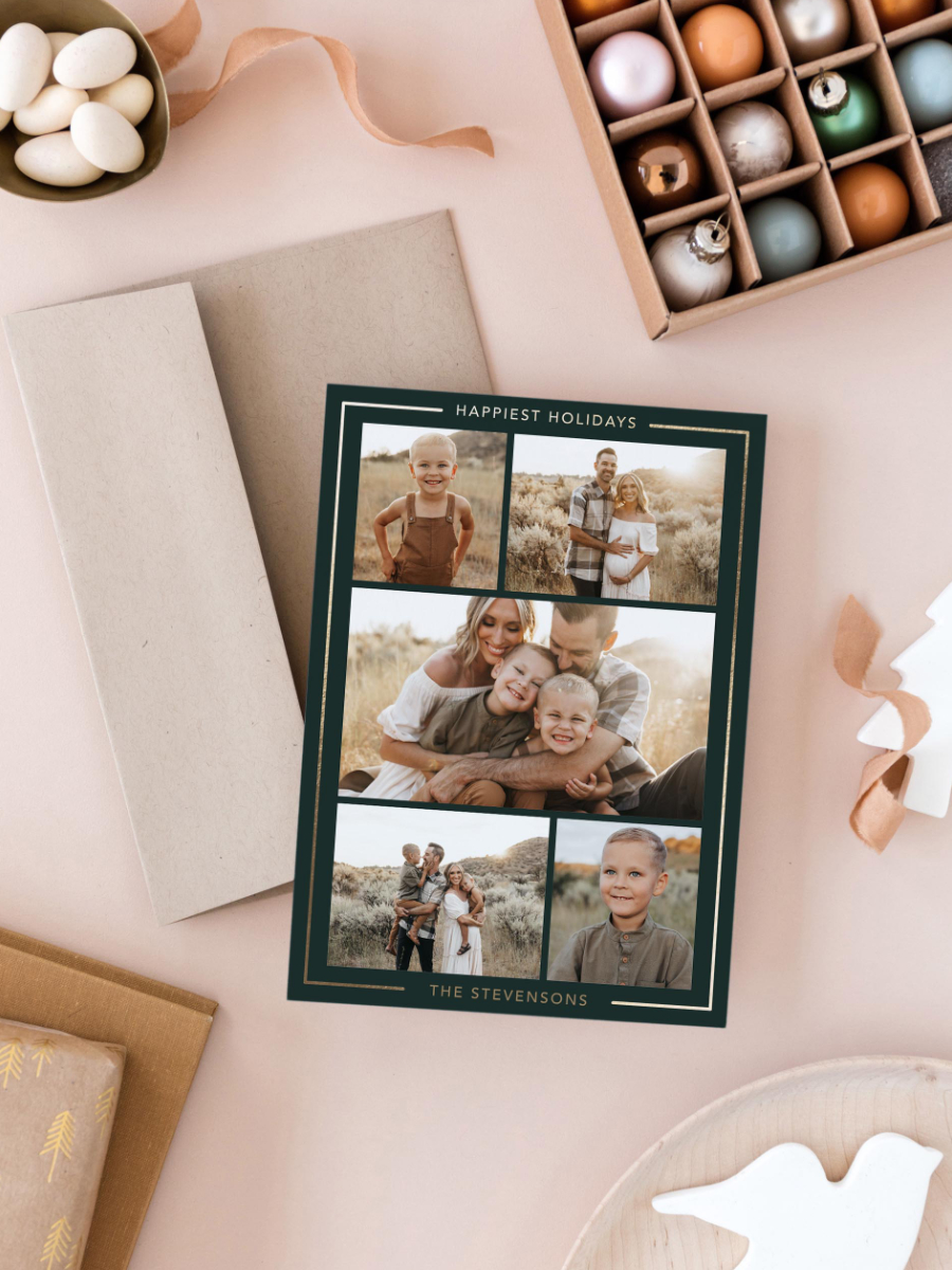 Holiday photo card design with five family photos arranged elegantly below a minimalist decorative line in real gold foil.